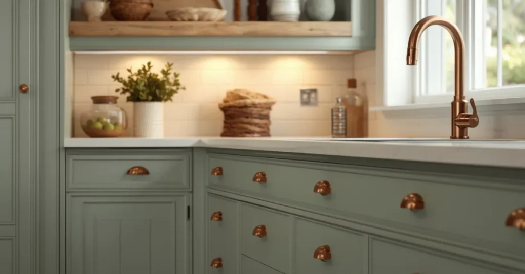 Green Kitchen with Copper or Rose Gold Hardware