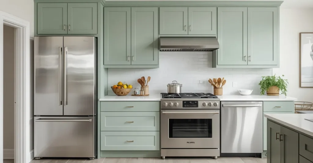 Green Kitchen with Stainless Steel Appliances