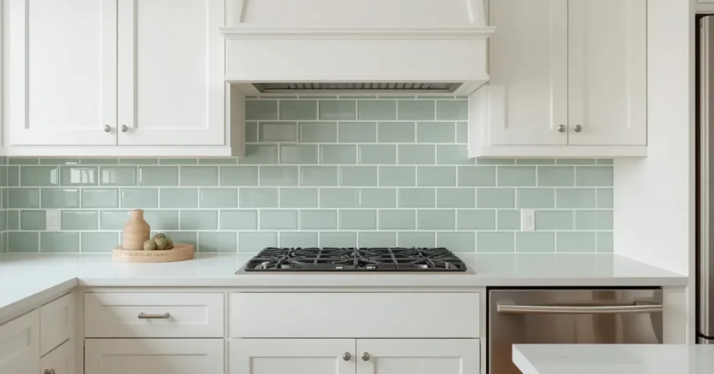 Green Subway Tile Backsplash with Subway Grout