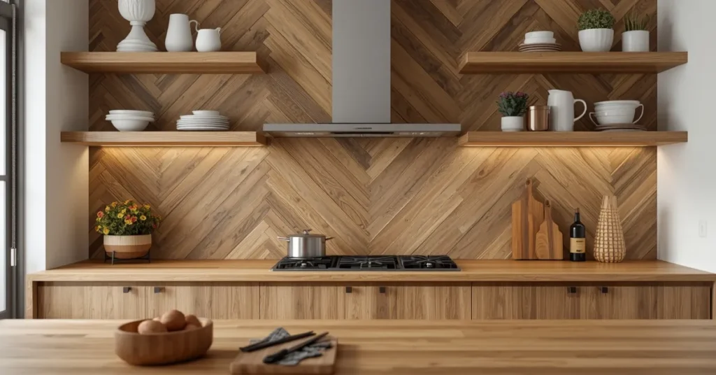 Herringbone Pattern Wood Backsplash