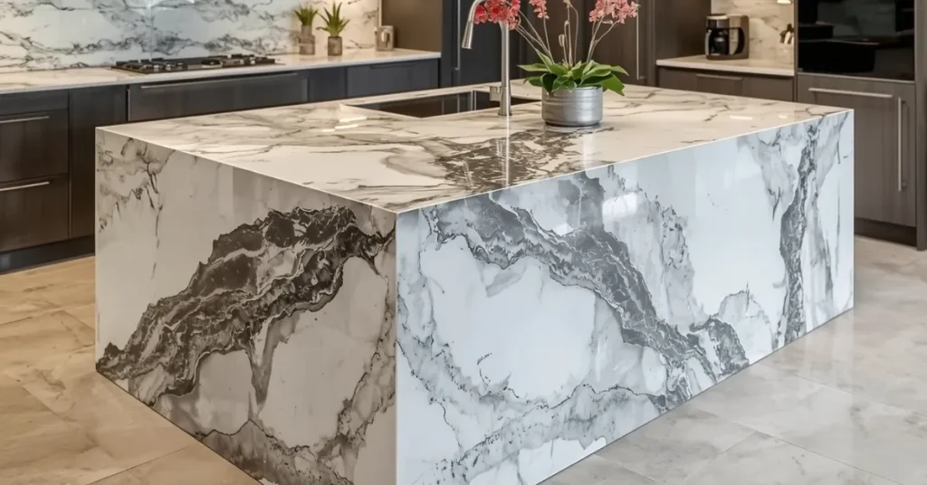 Luxury Kitchen Island with Waterfall Edge Countertop