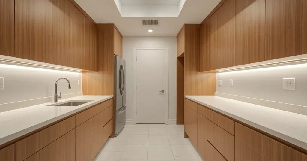 Maple Kitchen Cabinets in a Galley Layout