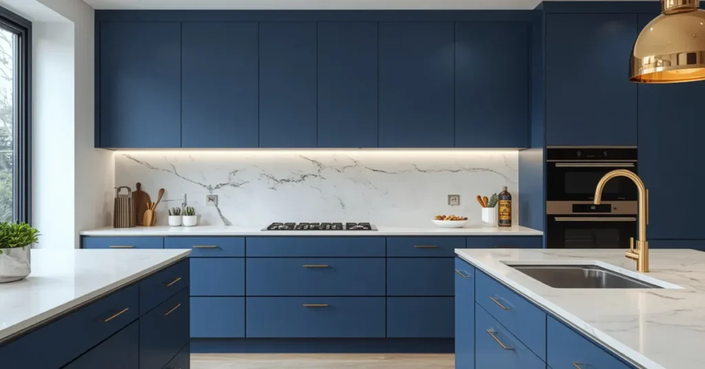 Matte Blue Cabinets with Gold Hardware