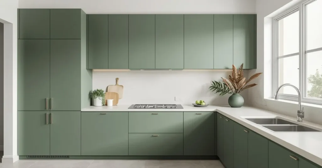 Matte Green Kitchen Cabinets with Modern Hardware