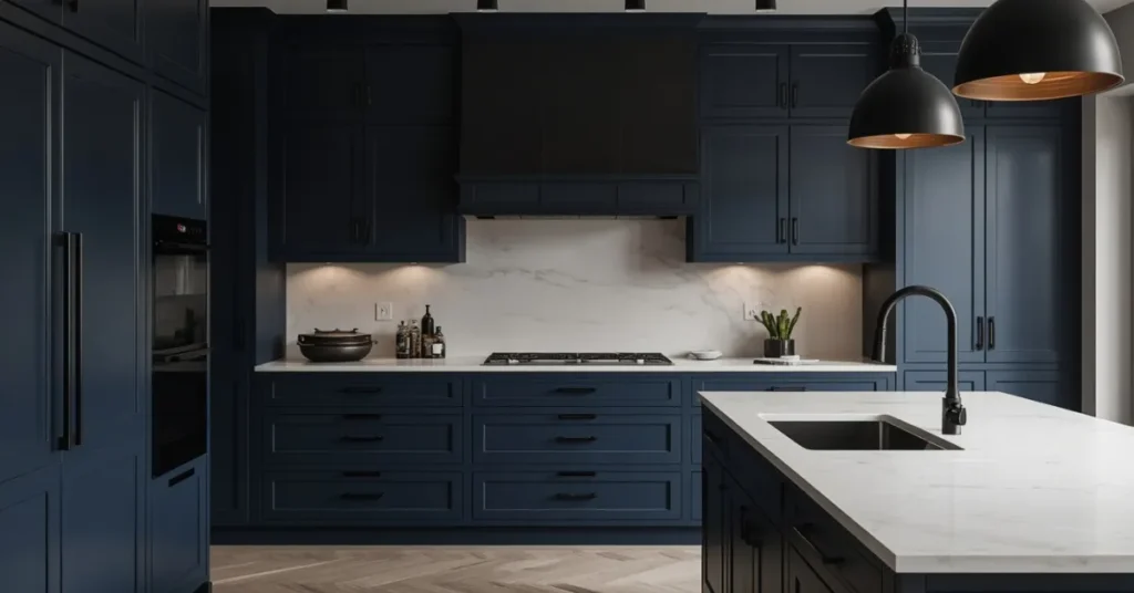 Moody Blue Kitchen with Black Accents