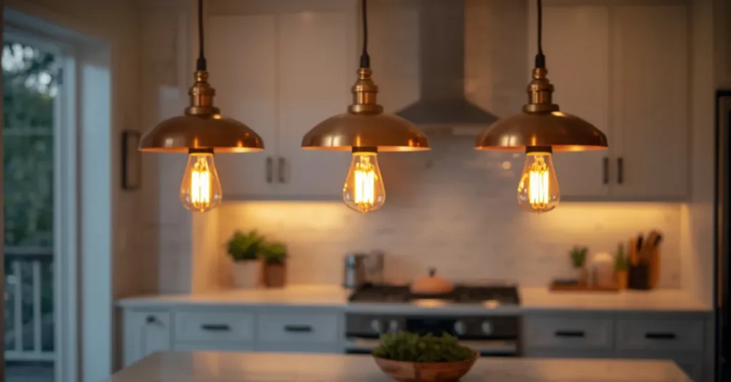 Pendant Lights Over the Island with Edison Bulbs