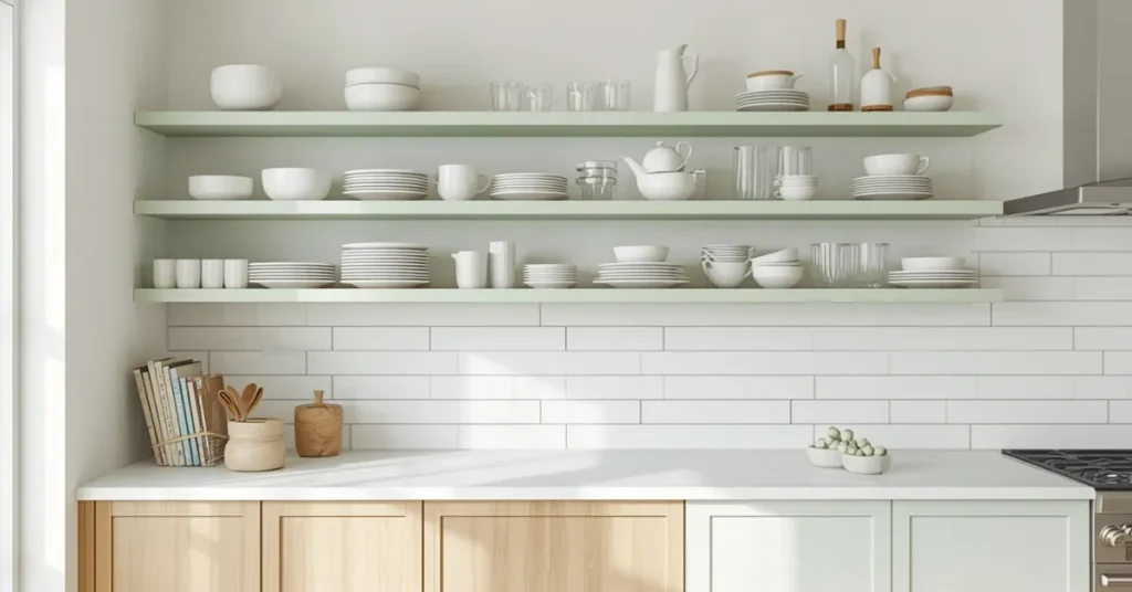 Pistachio Green Open Shelving Kitchen