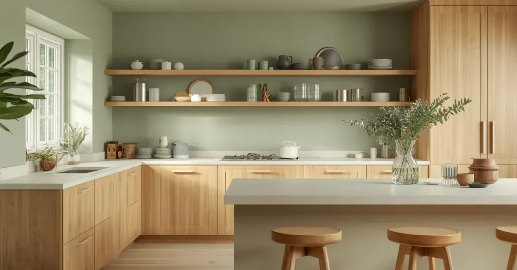 Sage Green Painted Walls with Natural Wood Cabinets