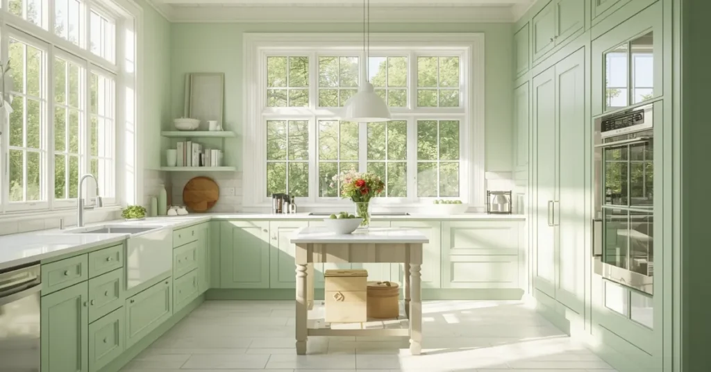 Soft Green Kitchen with Natural Lighting Focus