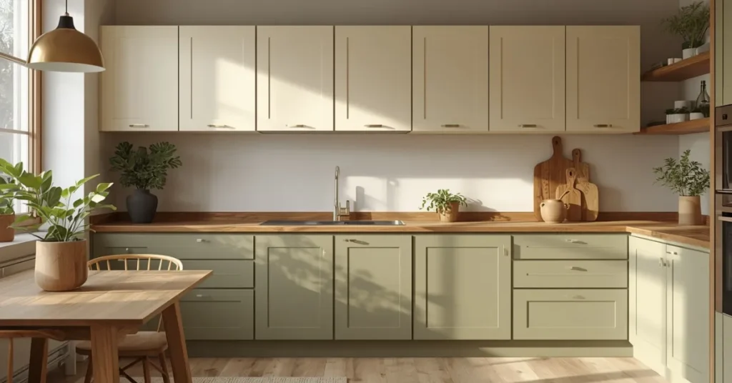 Soft Olive and Cream – Two Tone Kitchen Cabinets in Earth Tones