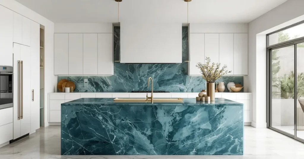  Teal Marble Modern Kitchen
