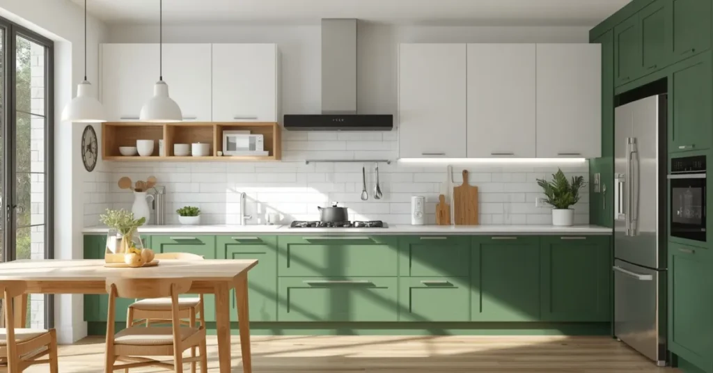 Two-Tone Green and White Kitchen Cabinets