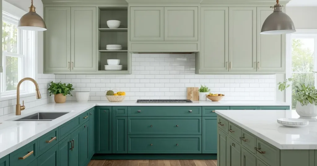 Two-Tone Green Kitchen with White Upper Cabinets