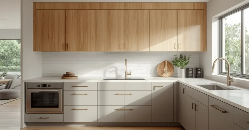 Warm Grey and Light Wood – Two Tone Kitchen Cabinets for Balanced Design