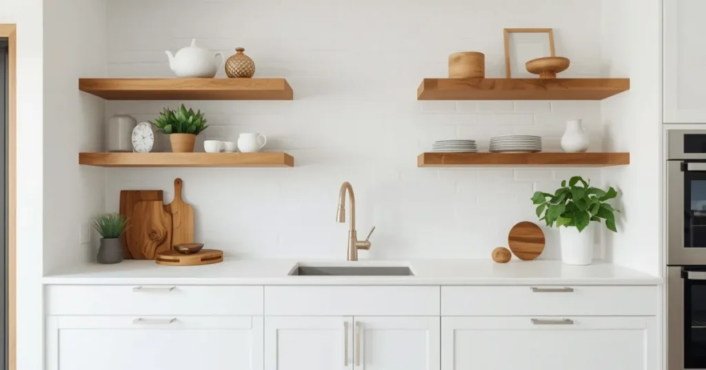 White Cabinetry with Wooden Open Shelving