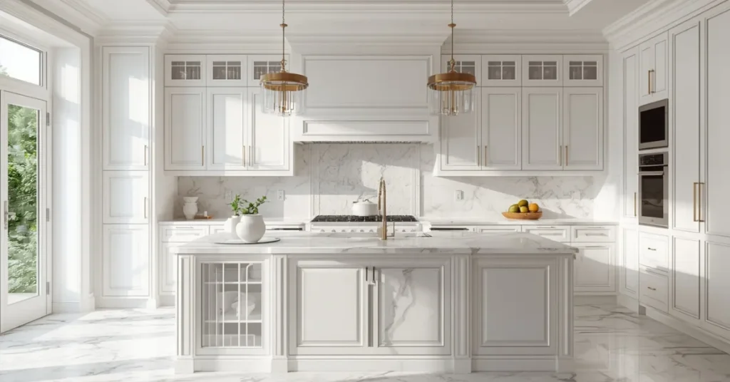 White Cabinets and Marble Backsplash