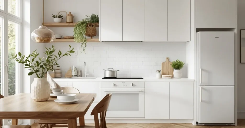  White Cabinets with Green Decor Accents