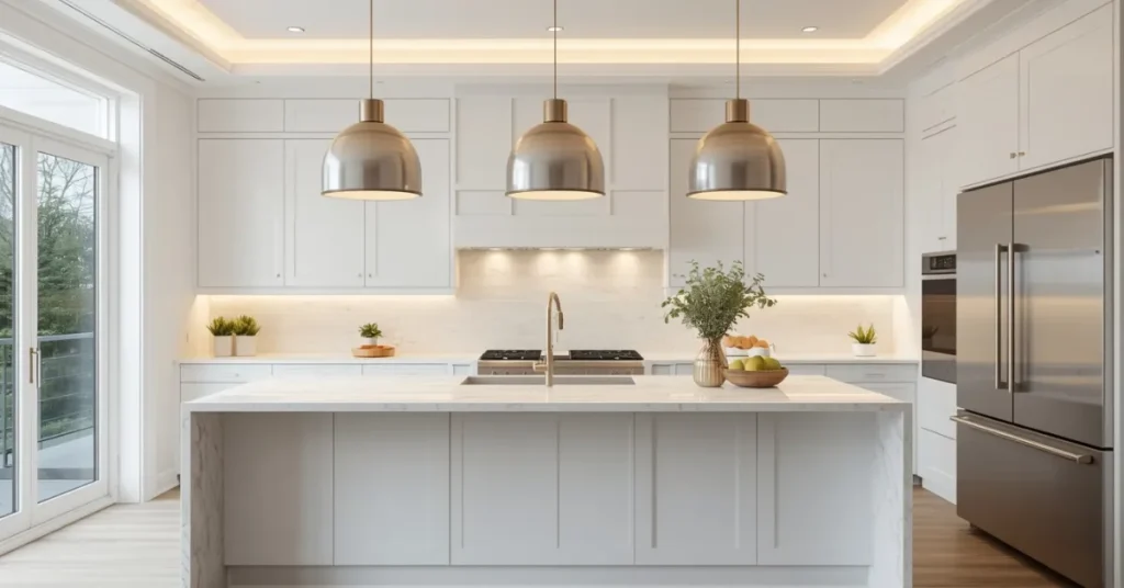 White Cabinets with Statement Lighting