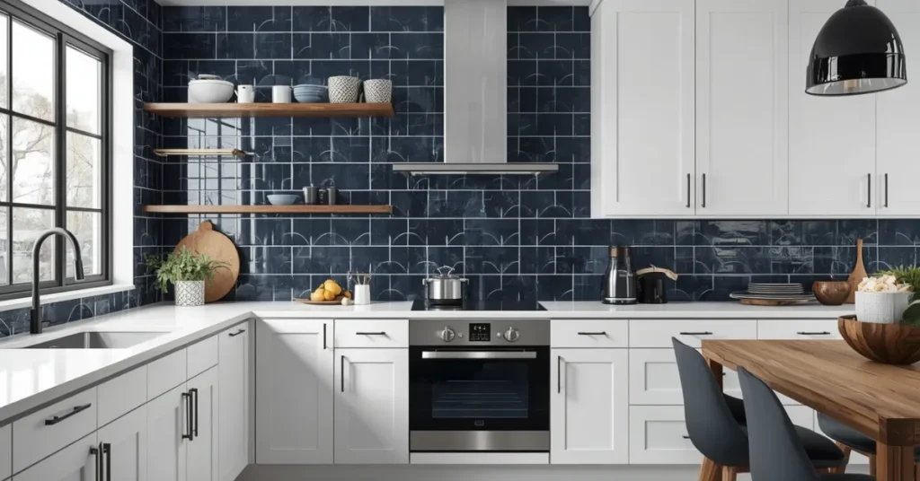 White Kitchen with a Dark Tile Accent