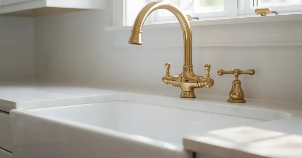 White Kitchen with Brass Faucet and Sink