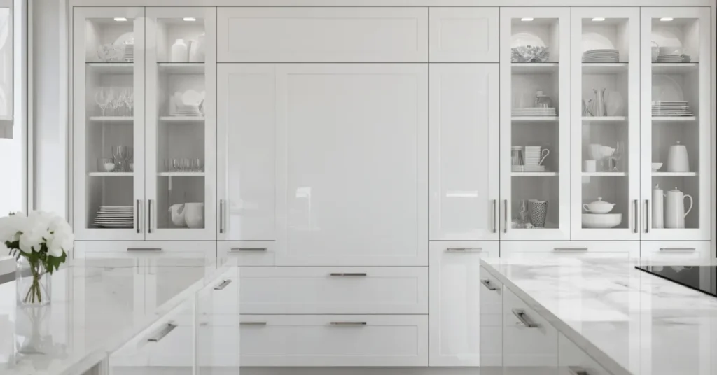 White Lacquered Cabinets with Glass Doors