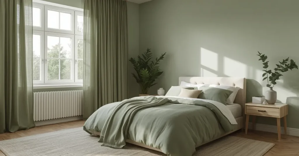 Airy Sage Green Bedroom with Linen Curtains
