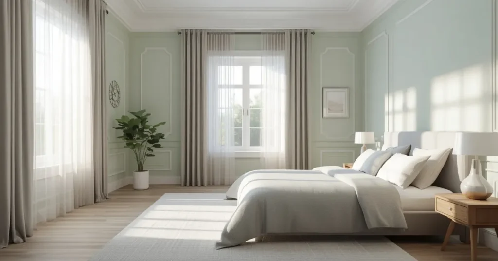 Airy Sage Green Bedroom with Sheer Curtains
