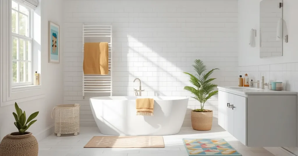 Airy White Bathroom With Colorful Accents