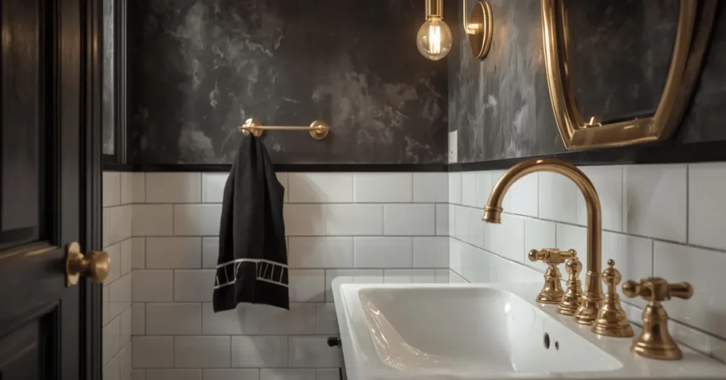 Black and White Bathroom with Brass Fixtures