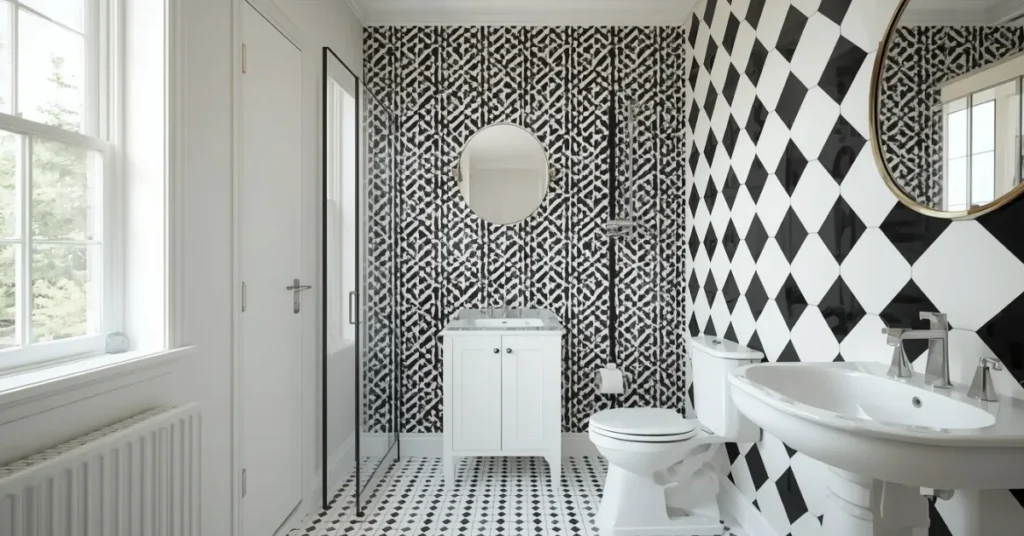 Black and White Bathroom with Patterned Wallpaper