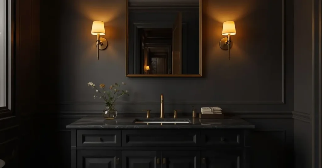Black Bathroom Ideas with Brass Lighting