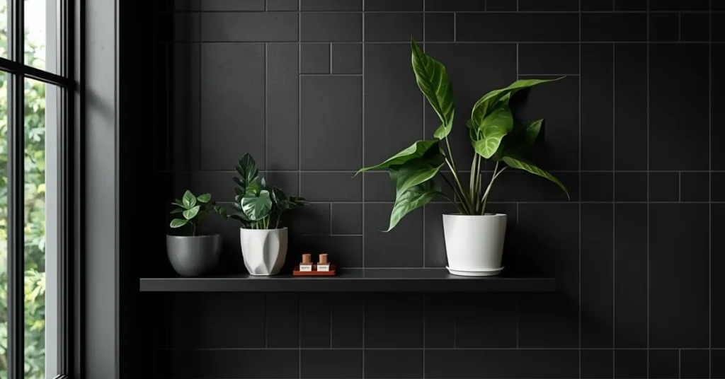 Black Bathroom Ideas with Greenery