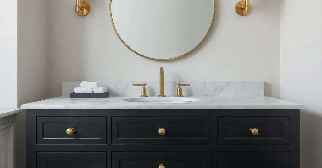 Black Bathroom Vanity with Gold Hardware