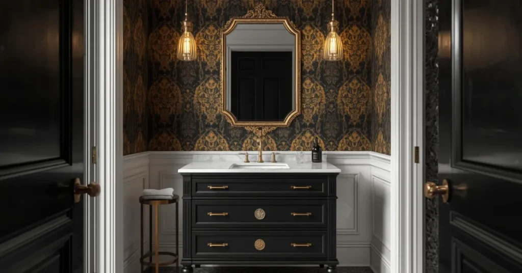 Black Bathroom with Patterned Wallpaper
