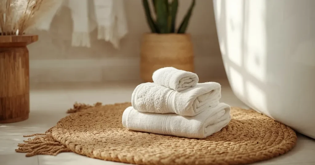 Boho Bathroom Ideas with Layered Textiles