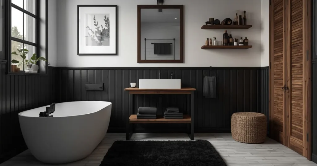 Cozy Black and White Bathroom with Wood