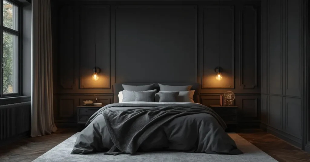 Deep Charcoal Walls With Warm Lighting