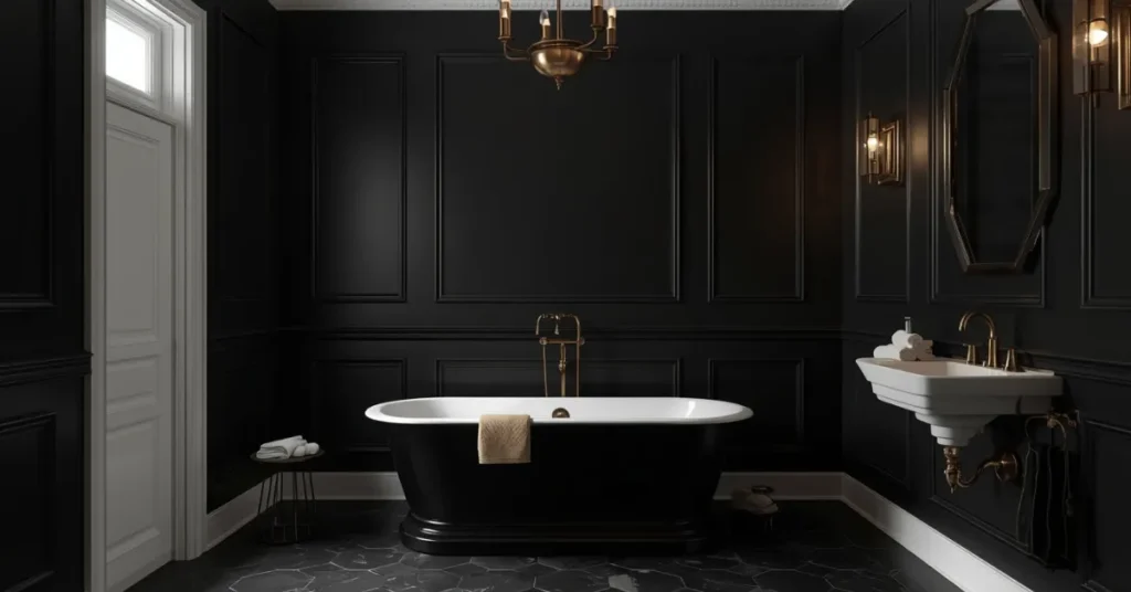 Dramatic Black Bathroom with White Trim