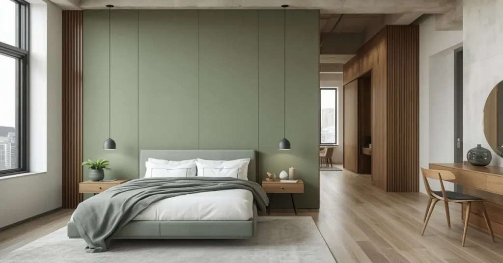 Dramatic Sage Green Open-Plan Bedroom