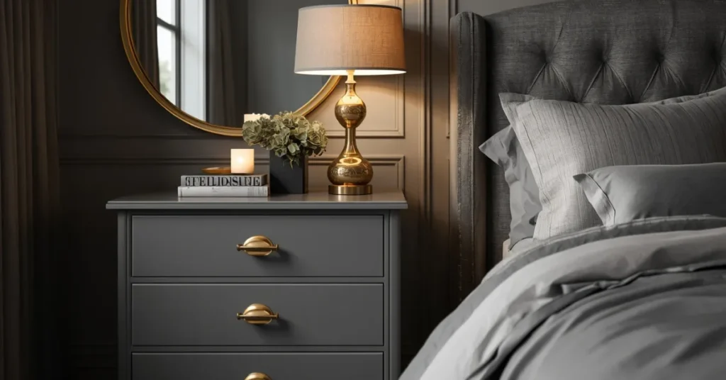 Grey Bedroom with Gold Hardware