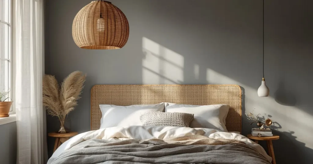 Grey Bedroom with Rattan Accents