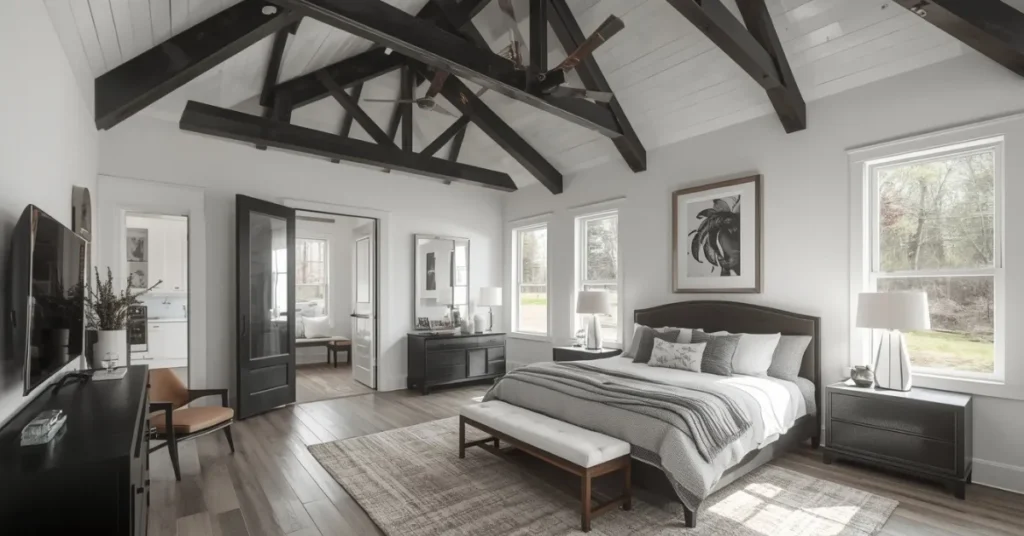 Master Bedroom Black Accent Ceiling Beams