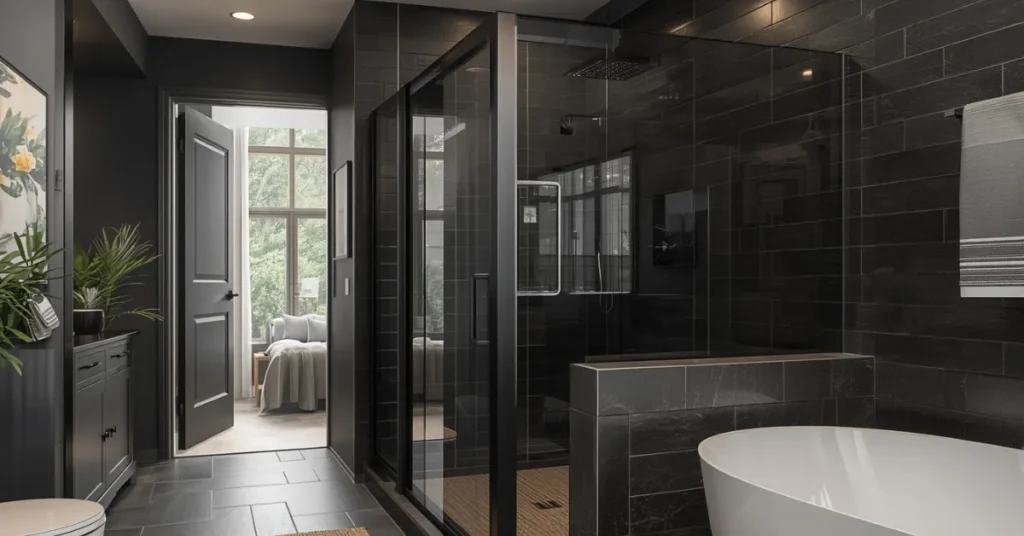 Moody Bathroom with Matte Black Shower Frame