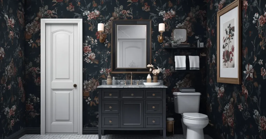 Moody Bathroom with Wallpaper Accent Wall
