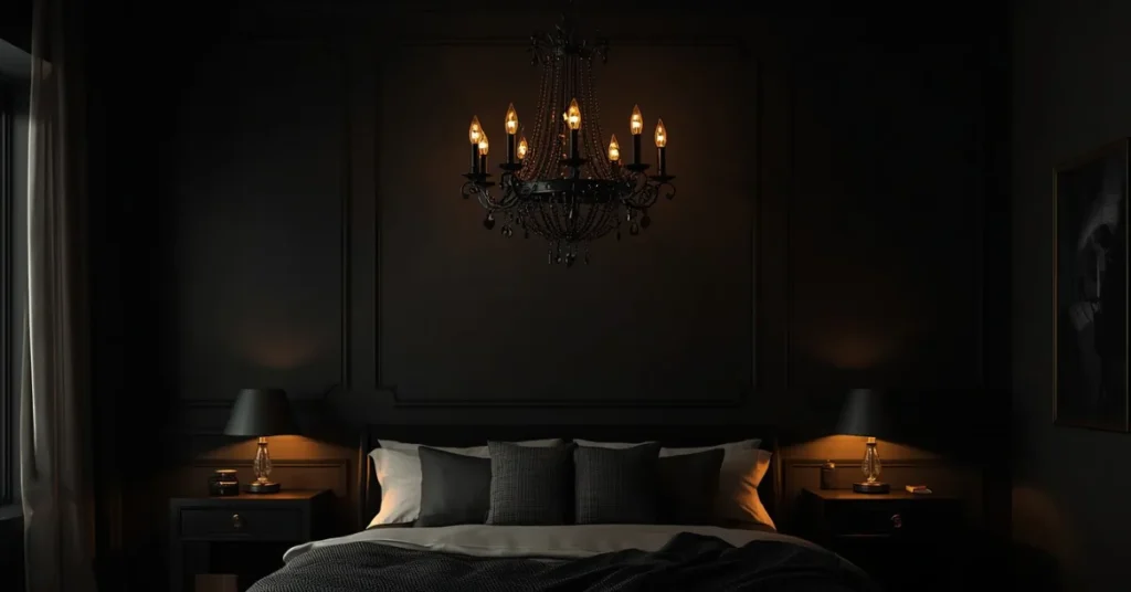 Moody Bedroom With Statement Chandelier