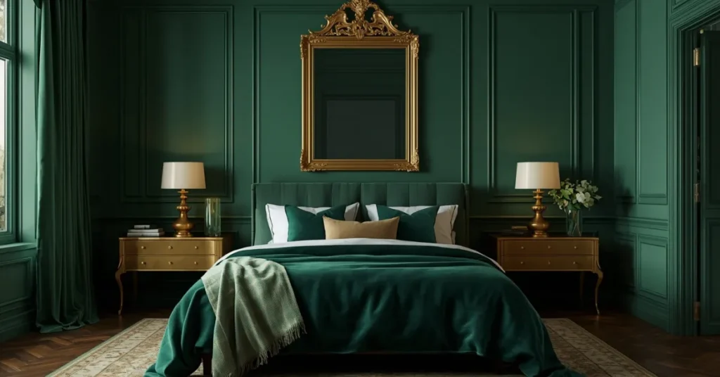 Moody Emerald and Gold Bedroom