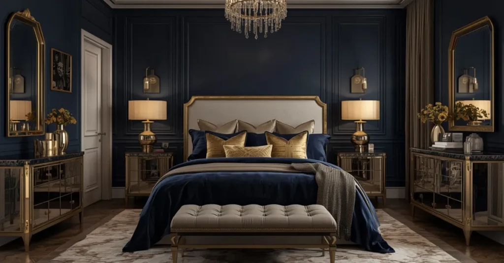 Navy Blue and Gold Glam Bedroom