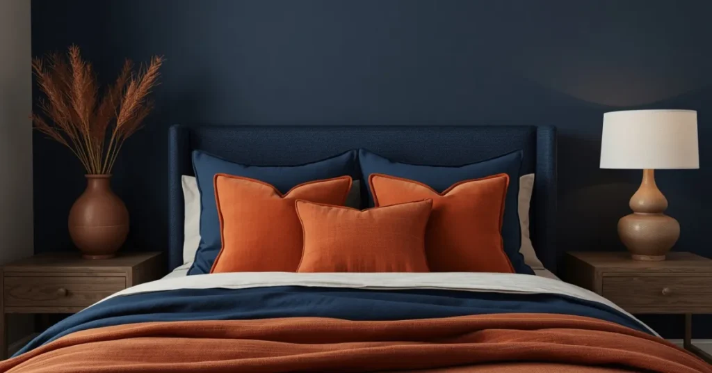 Navy Blue and Rust Orange Bedroom