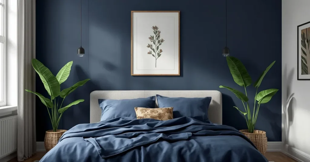 Navy Blue Bedroom with Botanical Prints