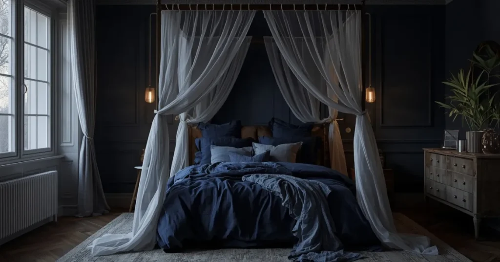 Navy Blue Bedroom with Canopy Bed